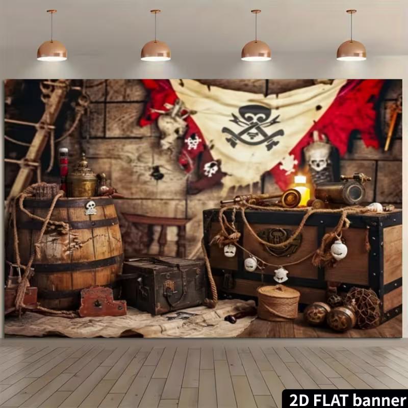 2D Piratenschiff Kabine Kulisse Totenkopfflagge Geburtstagsparty Hintergrund
