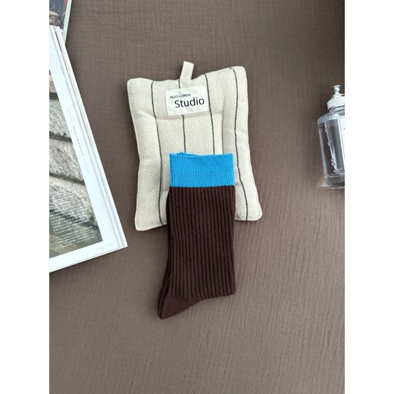 

Осенне-зимние ретро женские носки темно-синего и коричневого цвета, двухслойные до середины икры, махровые носки, универсальные и с цветными блоками для женщин 1 pair