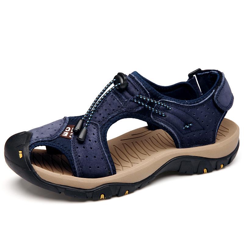 2018 Men s Breathable Leather Sandals Outdoor Toe Cap Beach Shoes 43 синий
