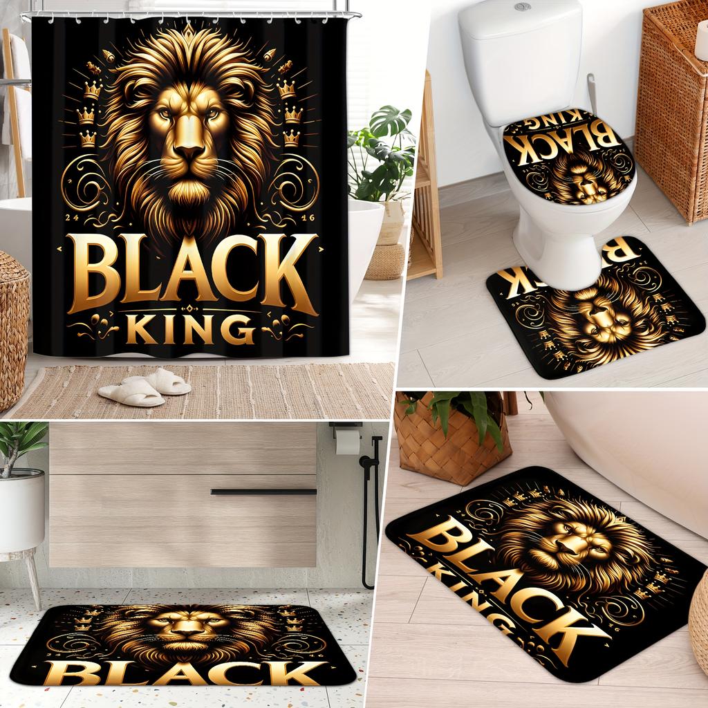 4Pcs Lion Pattern Shower Curtain Set with Non-Slip Bath Mat, Toilet Lid Cover, Contour Rug & 12 Hooks, Bathroom Decor