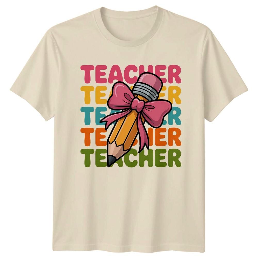 Teacher Groovy Repeating Text Design Unisexs TShirt School Pencil Bow