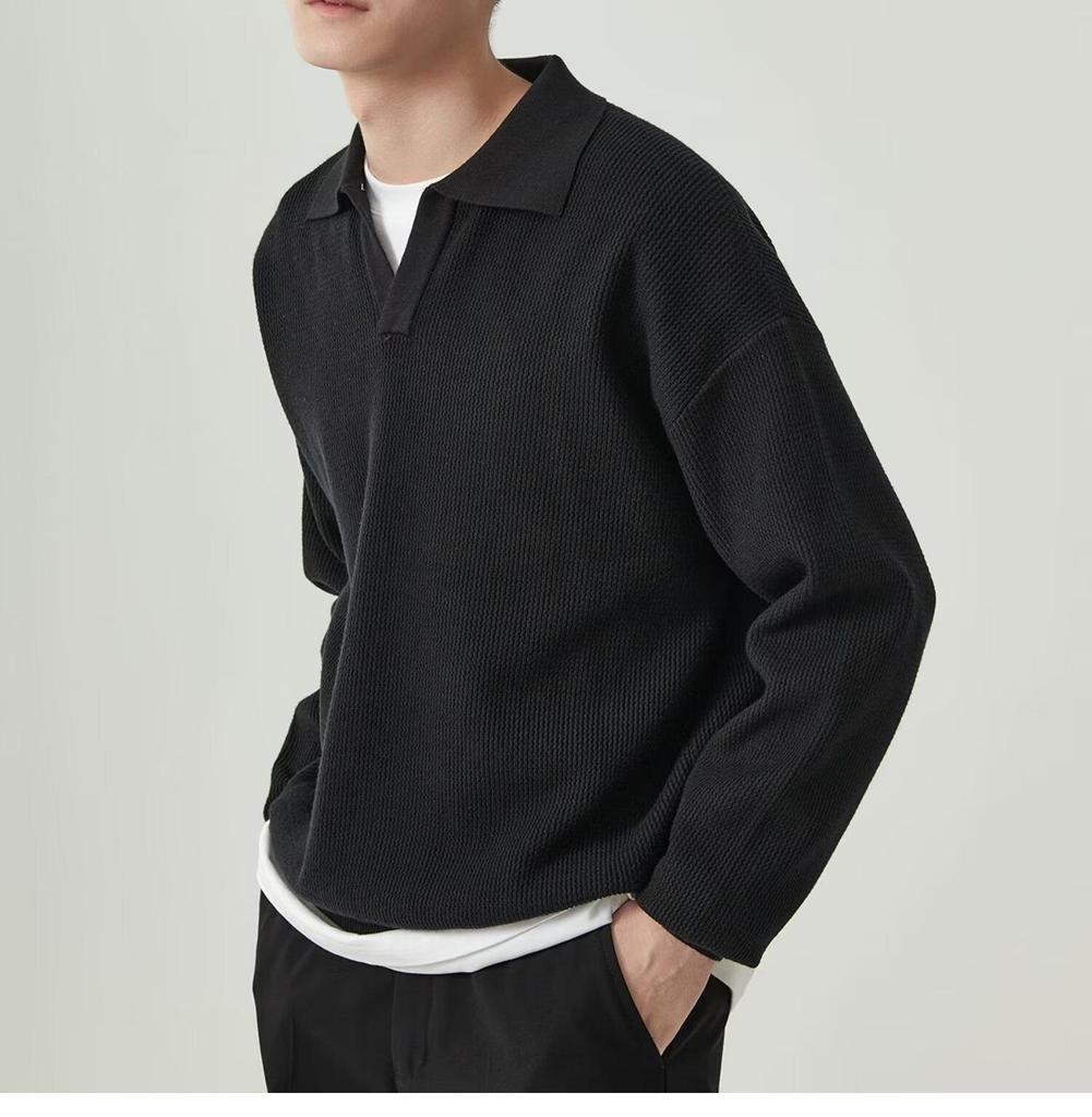 Men's Korean Retro V-Neck Polo Collar Knit Sweater for Autumn/Winter