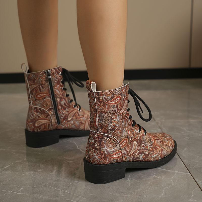 Large Casual Thick Soles Snow Boots Autumn Winter Lace Up Middle Tube PU Martin Boots Printed Multiple Colors Shoes 35-43