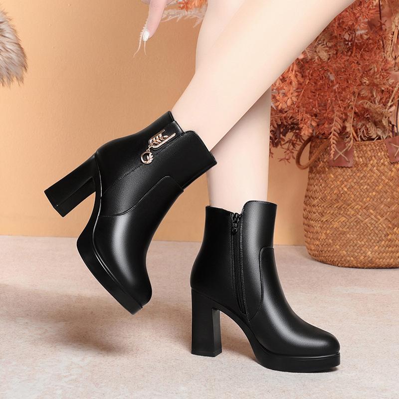 Dámské kotníkové boty na vysokém podpatku nové zimní sametové bavlněné boty temperamentní silný podpatek kožené boty teplé mateřské boty