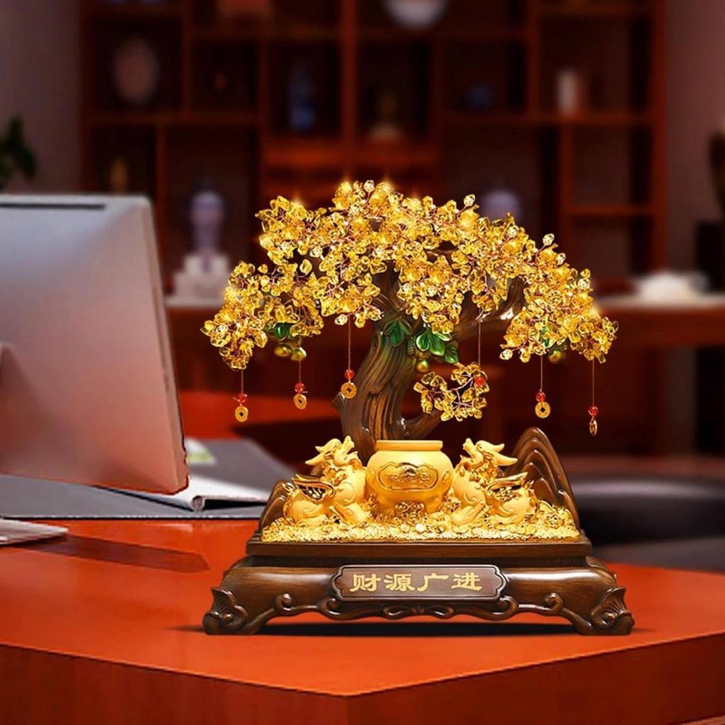 Aris & Juno Money Tree Statue with Pi Yao Guardians, Resin Feng Shui Figurine for Wealth & Prosperity, Home Office Decor, Business Opening Gift