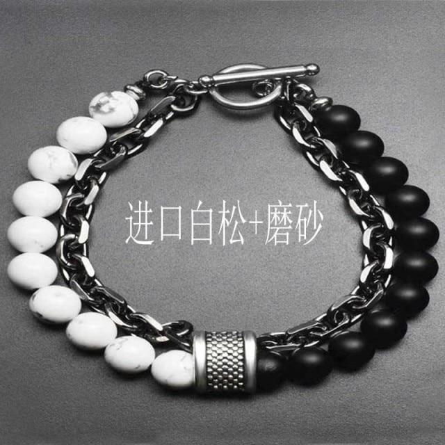 Latest Black White Stone Men 'S Bracelets Double Chain Link Stainless Steel Beaded Bracelets Bangle Male JewelryFashion Chain