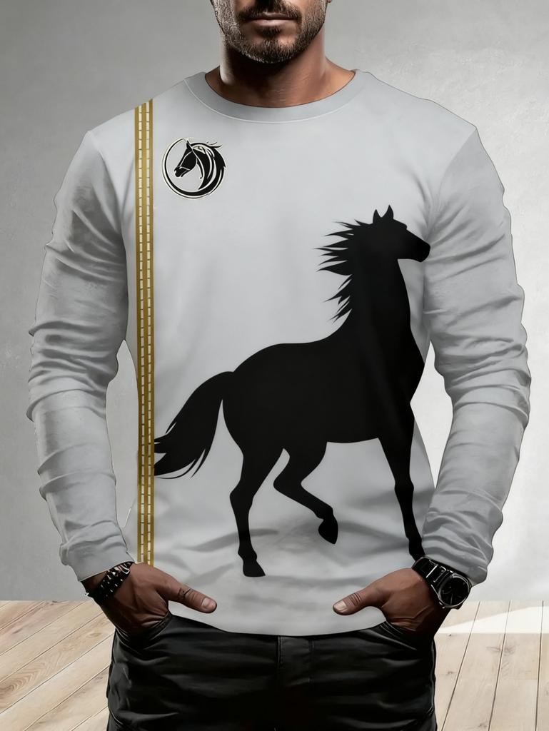 Men's T-Shirt Running Horse Graphic 3D Print Fashion Long Sleeve Crew Neck Unisex Tee Shirt Casual Summer Personality Men's Top