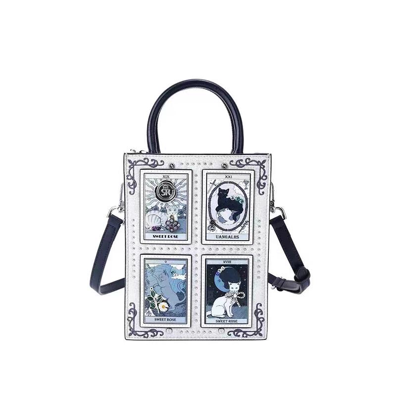 

Tarot Card Cat Print Tote Bag With Rivet Trim Chic Top-handle Crossbodybag Women Gothic Square Handbag Stylish Daily Shoulderbag
