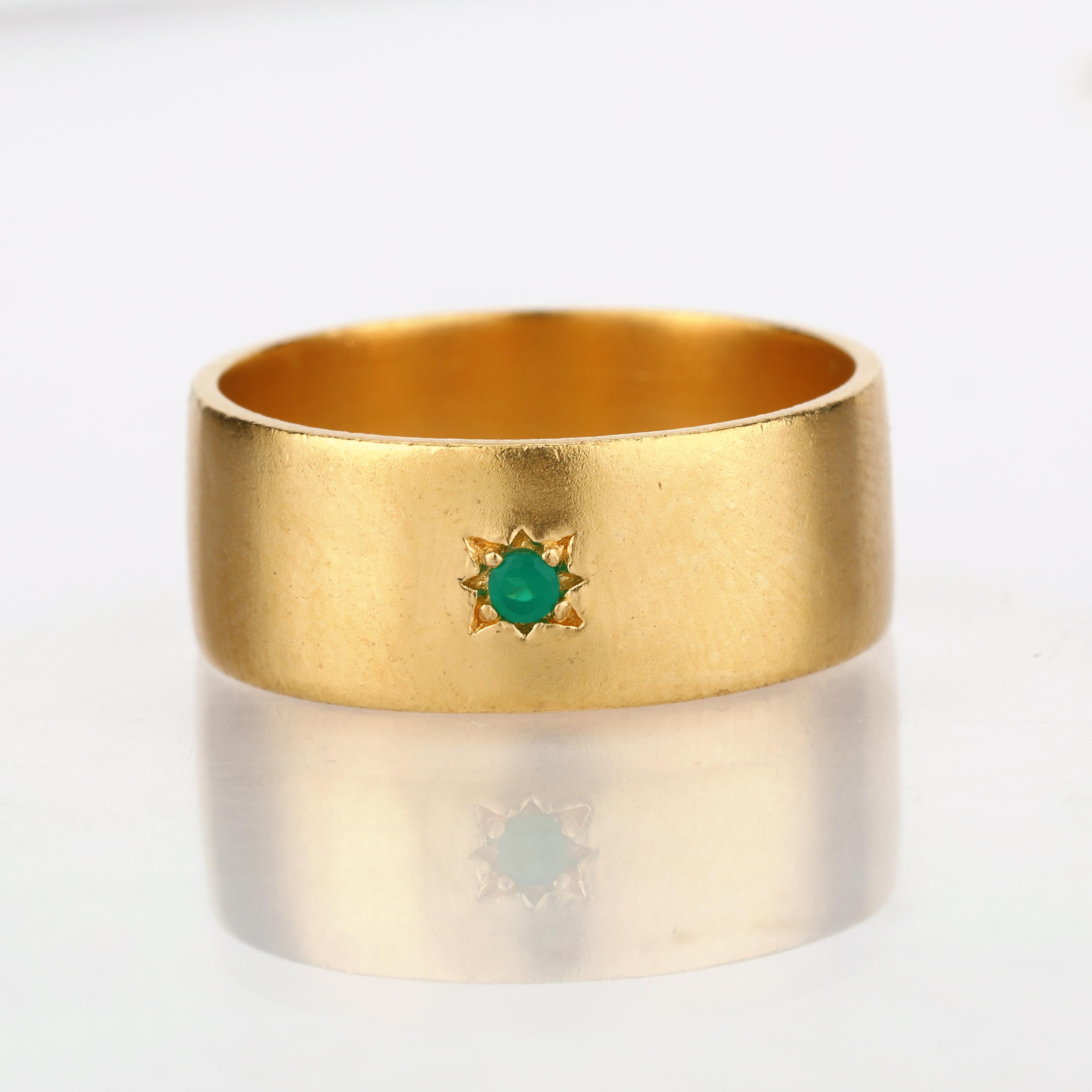

925 Sterling Silver Yellow Gold Plated Ring Green Onyx Round 2mm Wide Band 8.65mm Statement Women Jewelry 12 золотий