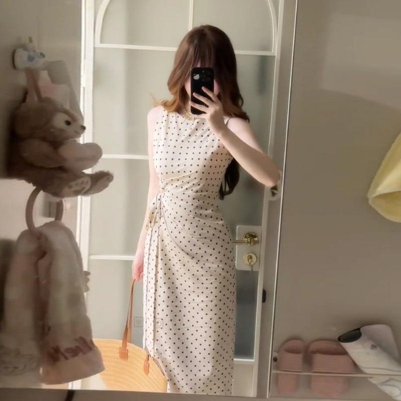 Women S Sleeveless Polka Dot Long Dress Slim Fit For Summer Vacation