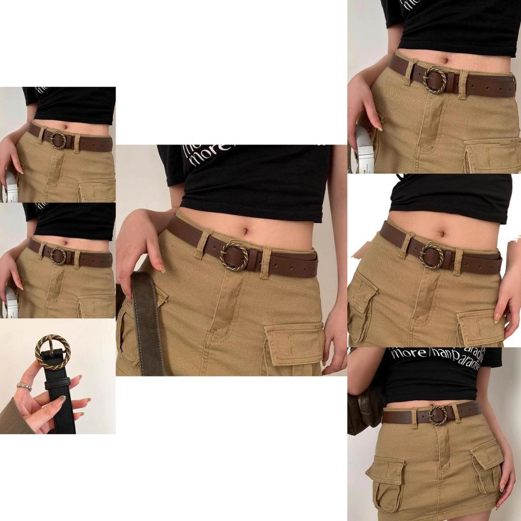 Vintage American Style Womens Versatile Pu Belt With Trendy Round Buckle Design