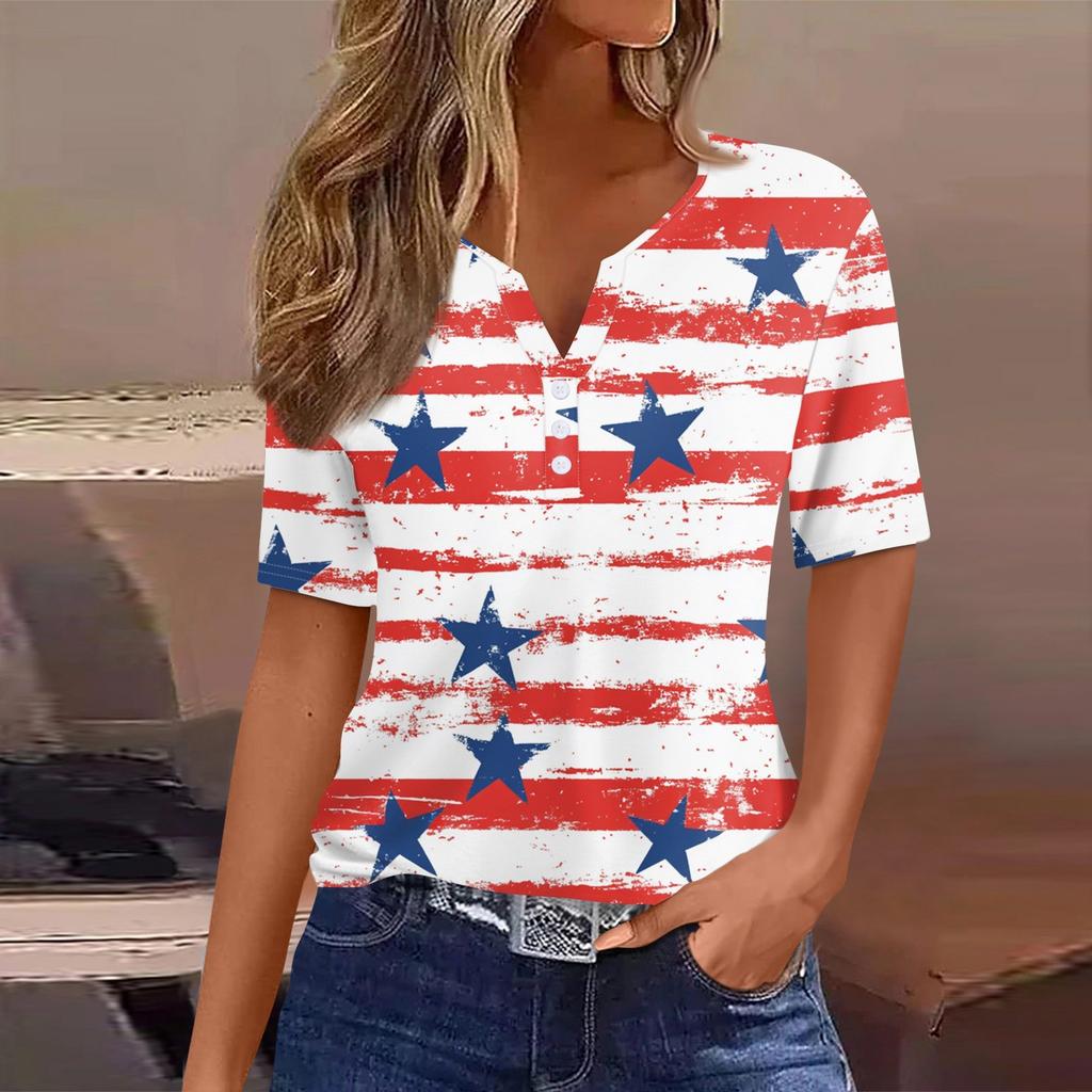 Women's T Shirt Tee Independence Day Print Button Short Sleeve Daily Weekend Fashion Basic V-Neck Regular Top