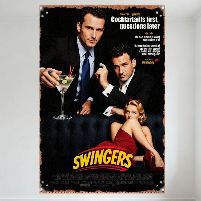

Swingers Movie Poster Metal Tin Sign Vintage Comedy Wall Decor with Retro Style, 2 Men in Suits, Woman in Red Dress & Devil Horn 20x30cm（7.8x11.8inch）