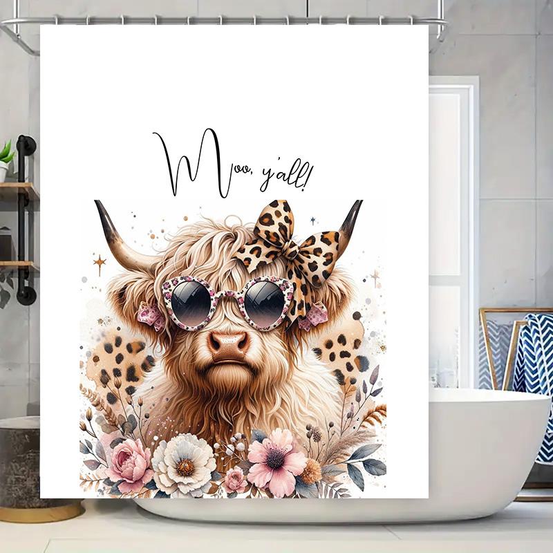 

Vibrant Floral Shower Curtain With Cute Cow Print Perfect For Bathroom Decor W60H190(CM)-1 Pcs