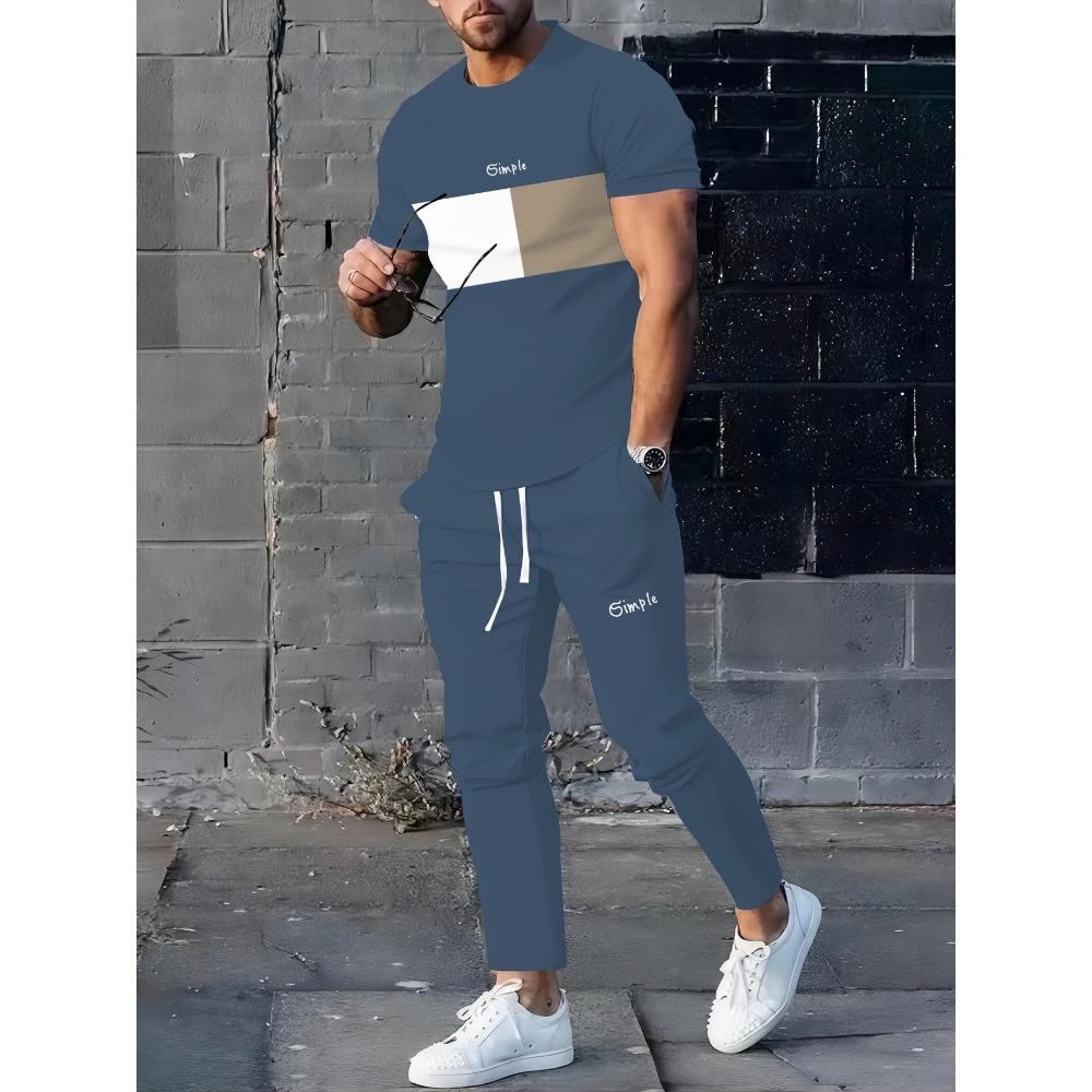 Men's Summer Splicing Letter Printed Pattern Breathable Quick Drying Top Trendy Soft Top Street Round Neck T-shirt Set