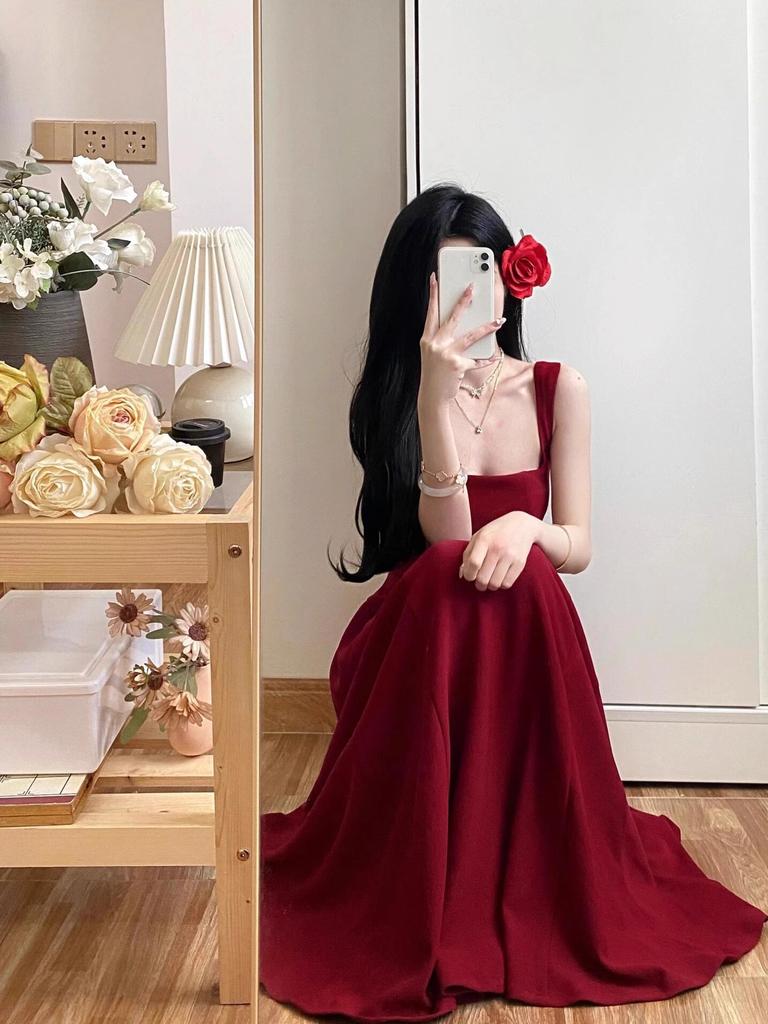Red Suspender Dress Women's Summer French Square Neck Sleeveless Waist Birthday Party Toast Dress Engagement Dress