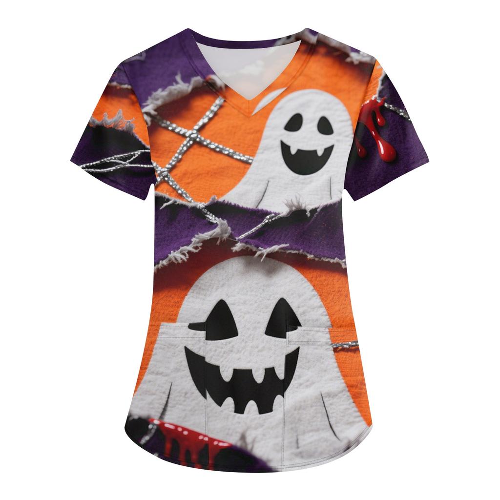 Women's Printing Uniform Work Uniform V-neck Pockets Basic Short Sleeve Pullover Top