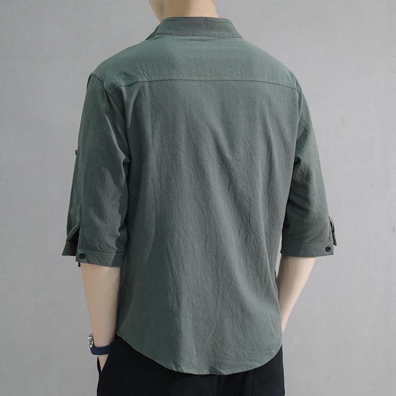 Summer Men Fashion Trendy Cotton Linen Five-Point Sleeve Shirt Casual Loose Solid Color Thin Breathable Top 3Xl