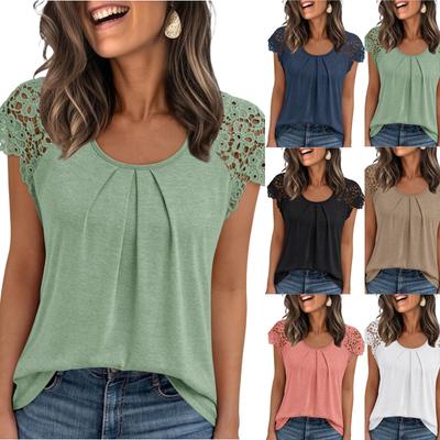 Women's Fashionable Casual Lace Sleeve Hollow Short Sleeved Round Neck T-Shirt Top