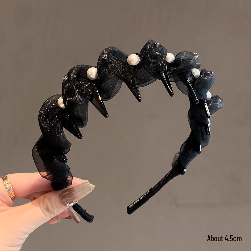 

Элегантная повязка на голову с высоким верхом из искусственного жемчуга и женственной сетчатой пряжи