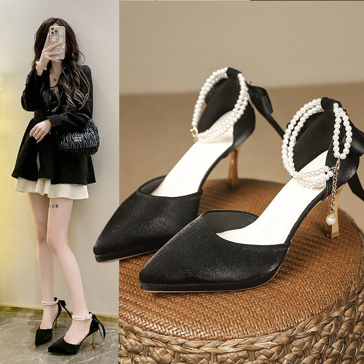 Fashion Women's Sandals Summer New Pointy Matte Ribbon Beaded Heels Fashion Temperament Skinny Heels Wedding Party Single Shoes