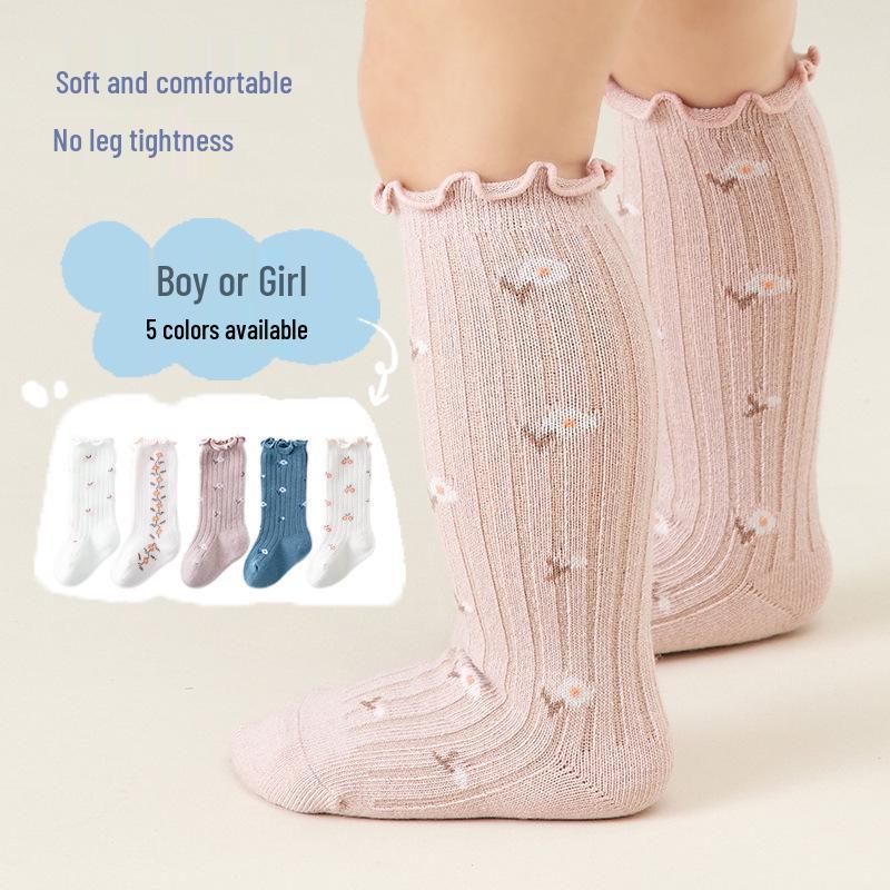 Children's Mid-Calf Combed Cotton Socks with Floral Wood Ear Trim for Spring & Autumn