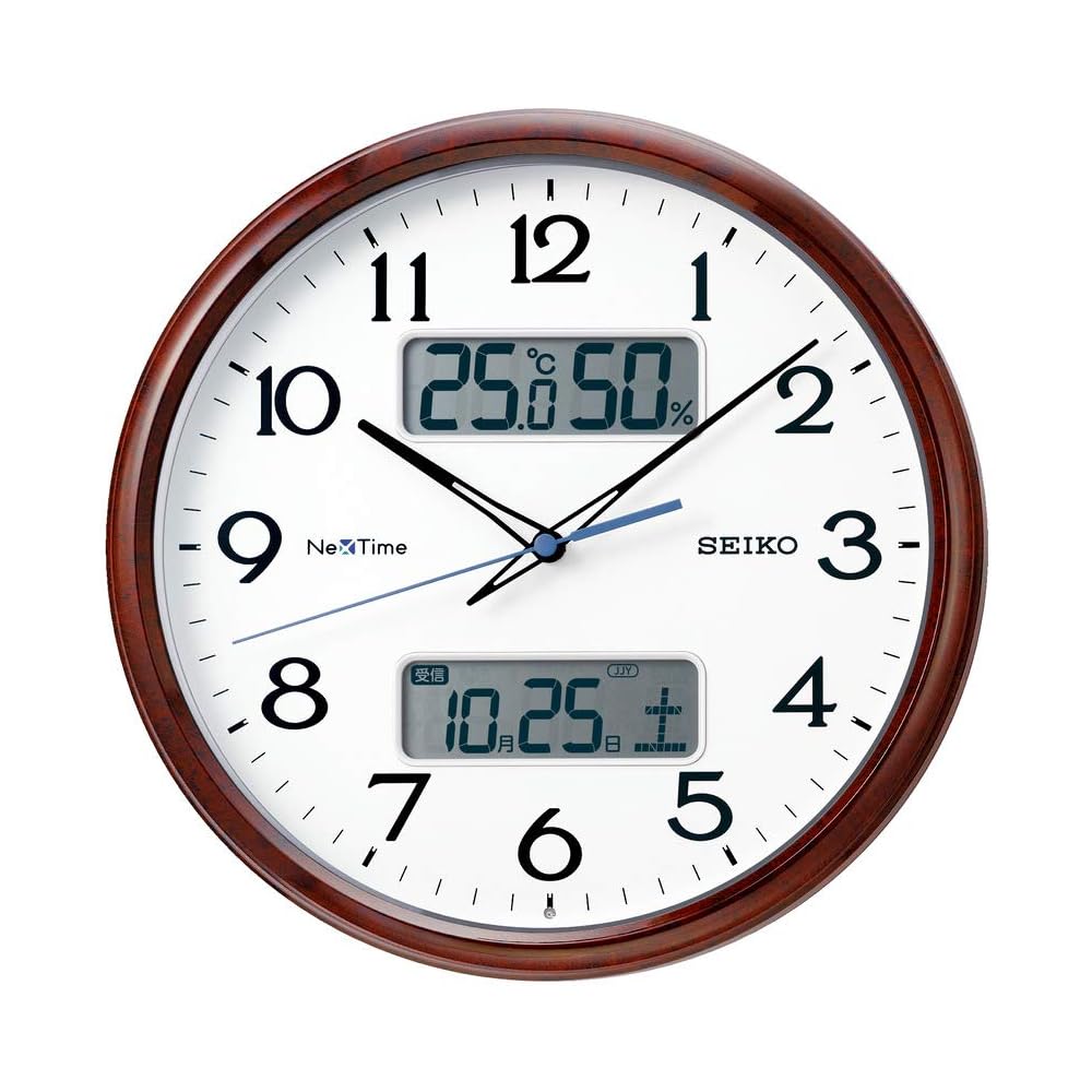 Seiko Clock Wall Clock 08: Brown Wood Grain 02: 31cm Diameter Radio Controlled Analog Calendar Temperature Humidity Display Seiko Nextime ZS252B