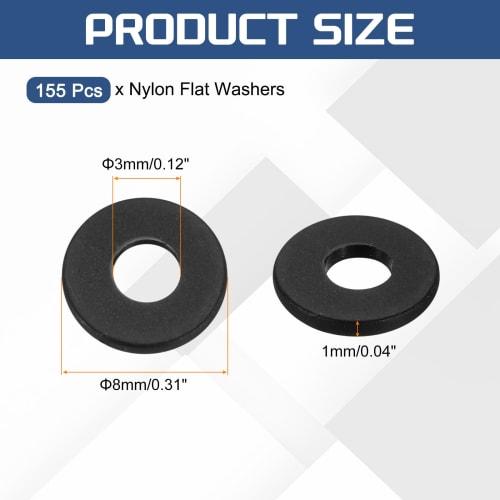 uxcell 155pcs M3 Nylon Flat Washers, 3mm Inner Diameter, 8mm Outer Diameter, 1mm Thick, Plastic Spacers for Screws, Bolts, Garden Faucets, Plumbing Re