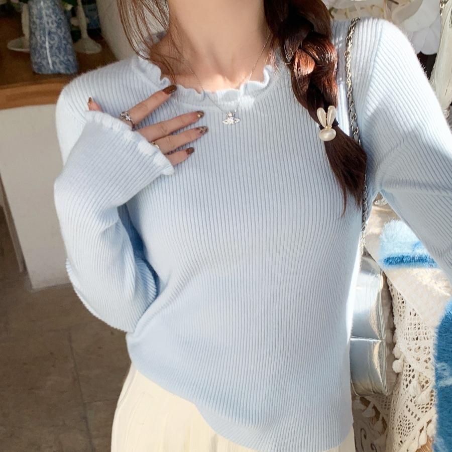 Autumn Knitted Ruffles O-neck Long Sleeve Slim Jumper Tops Women Sweater Pullover Solid Ladies Casual White Shirts Soft Sweaters