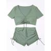 Sexy Drawstring Bikini Set Women Green Black Short Sleeve Two Piece Swimsuit Summer Bathing Suit Pleate High Waist Swimwear
