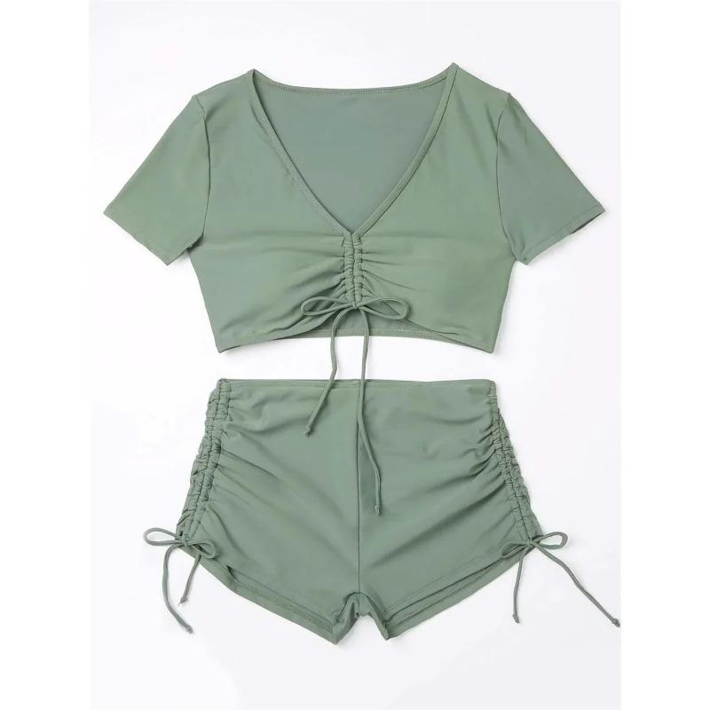 Sexy Drawstring Bikini Set Women Green Black Short Sleeve Two Piece Swimsuit Summer Bathing Suit Pleate High Waist Swimwear