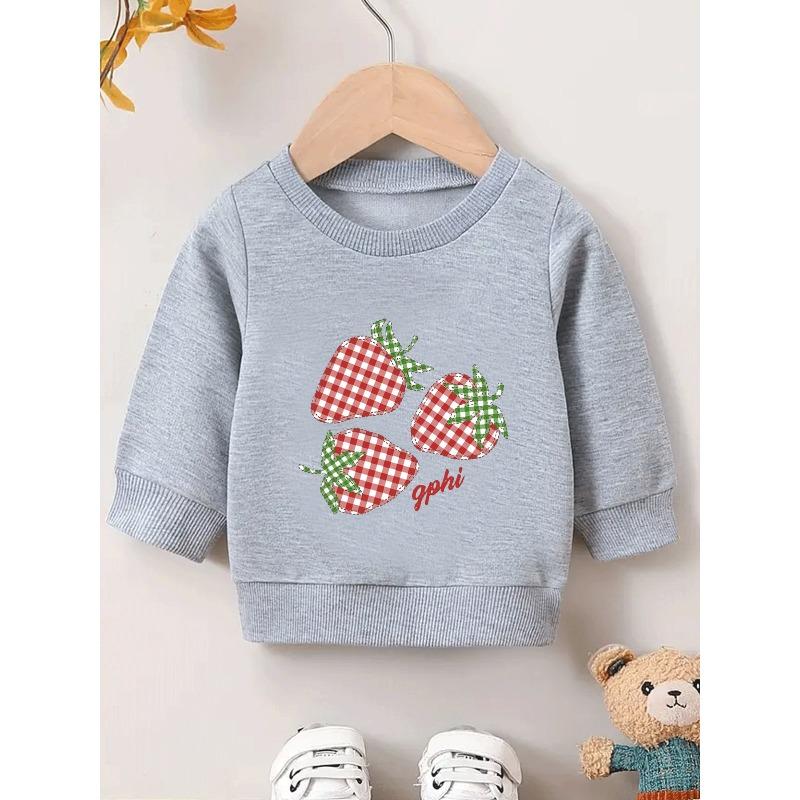 European sizes Plaid Strawberry Print Design, Durable And Wrinkle-Resistant Thin Round-Neck Sweatshirt for Kids Aged 0-3 Years