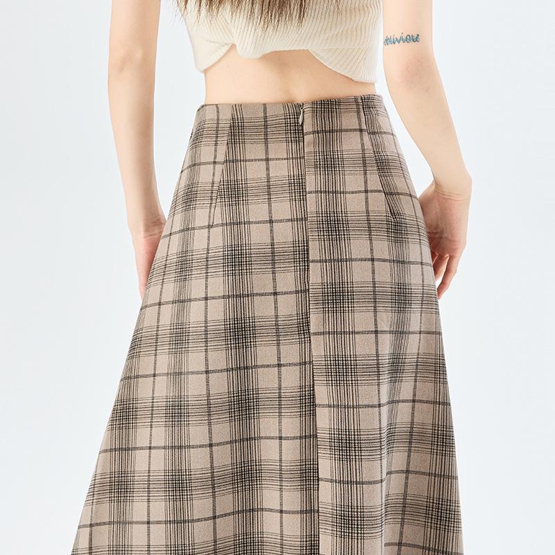 Women's 2026 Spring Retro Plaid High-Waist A-Line Skirt with Elastic Waist and Wide Hem