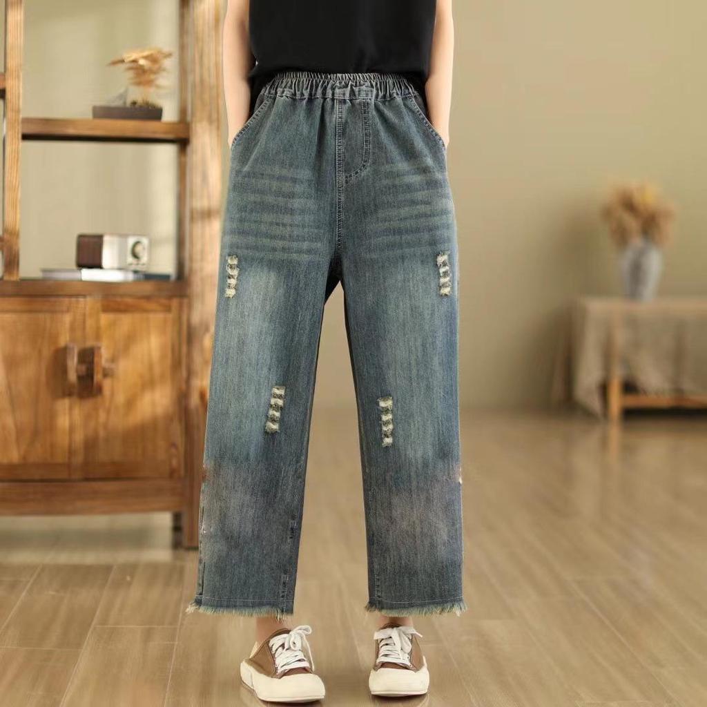 Women's High-Waist Wide-Leg Embroidered Jeans - Loose Fit, Raw Edge, Nine-Point Cotton, Plus Size, Casual Spring/Summer Pants