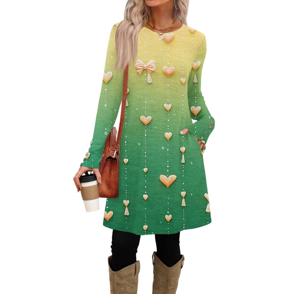 Women's Fashion Casual Pocket Decorative Button Dress Round Neck Long Sleeve Printed Dress