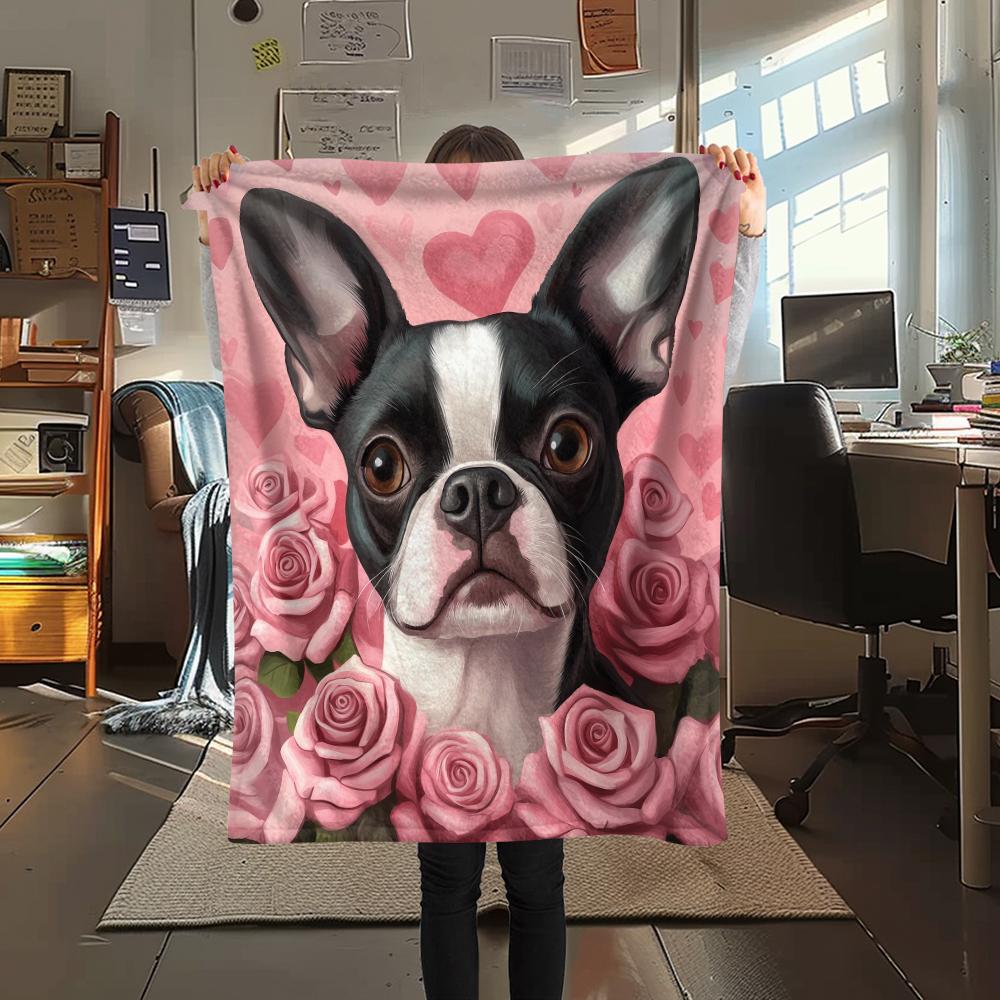 Boston Terrier and Roses Pattern Flannel Blanket, High Quality Comfortable for All Seasons, Home Decor, Warmth and Comfort, Perfect for Gifts.