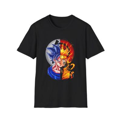 Dragon Ball X Naruto Goku Super Saiyan Blue & Naruto Uzumaki Split Art Oversized T-Shirt | Unisex Anime Crossover Streetwear Tee