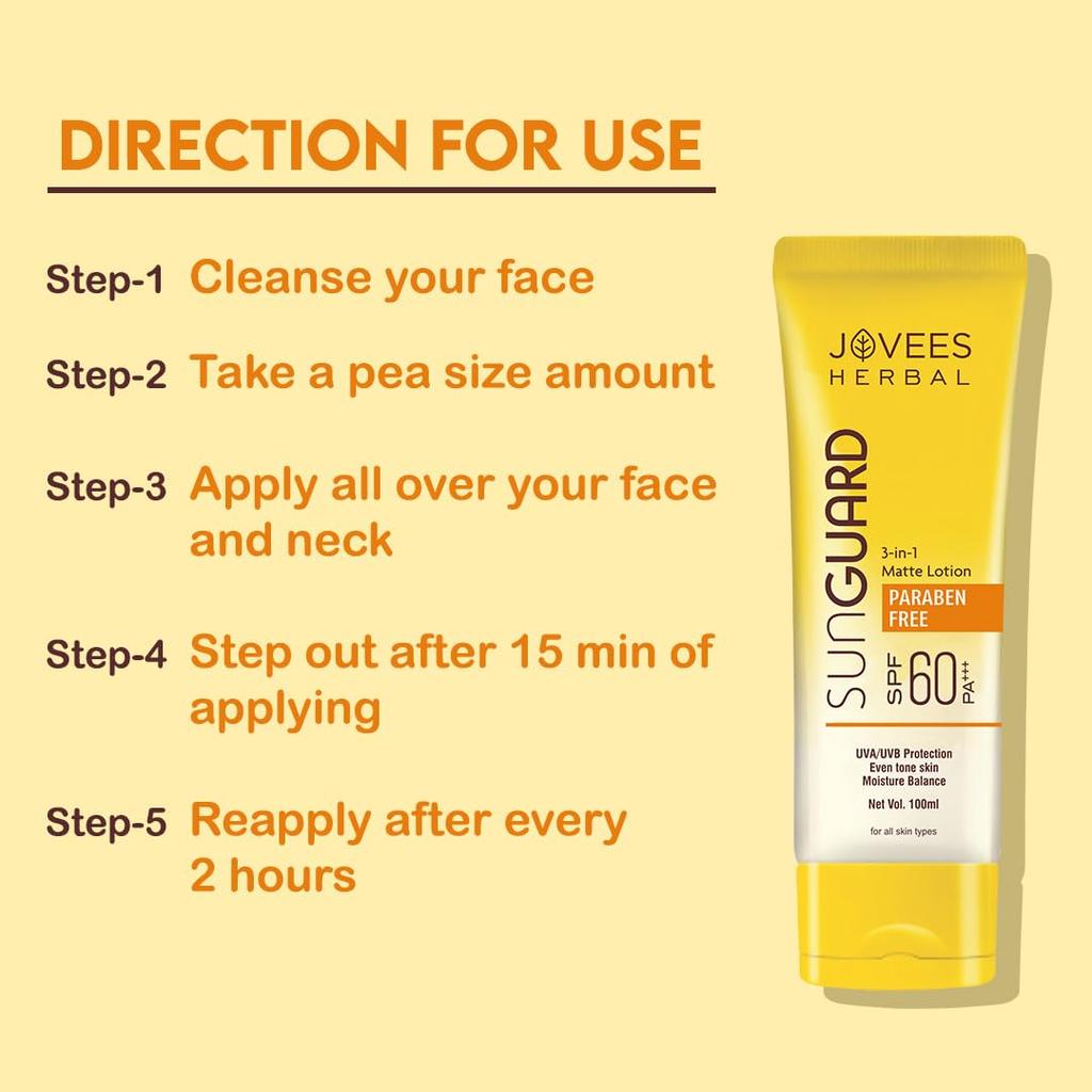 Jovees Herbal Sun Guard Lotion SPF 60 Pa+++ Broad Spectrum 3 in 1 Matte Moisturizer For Women Men 100ml