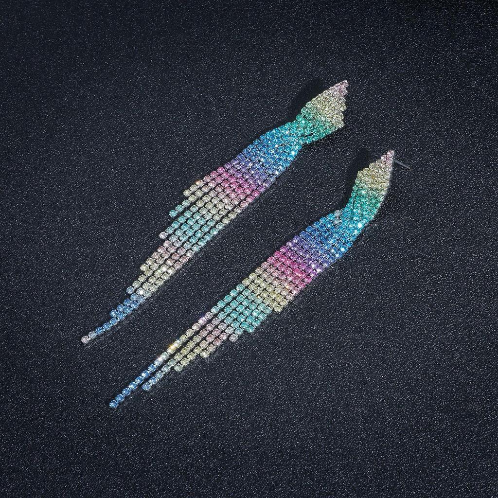 Gradient Rhinestone Chain Tassel Earrings - European & American Runway Style