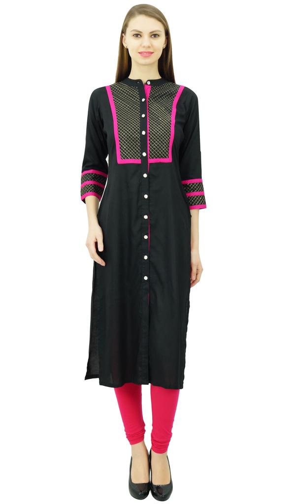 Phagun Womens Rayon Straight Tunic Kurta Open Front Kurti Mandarin Collar Indian