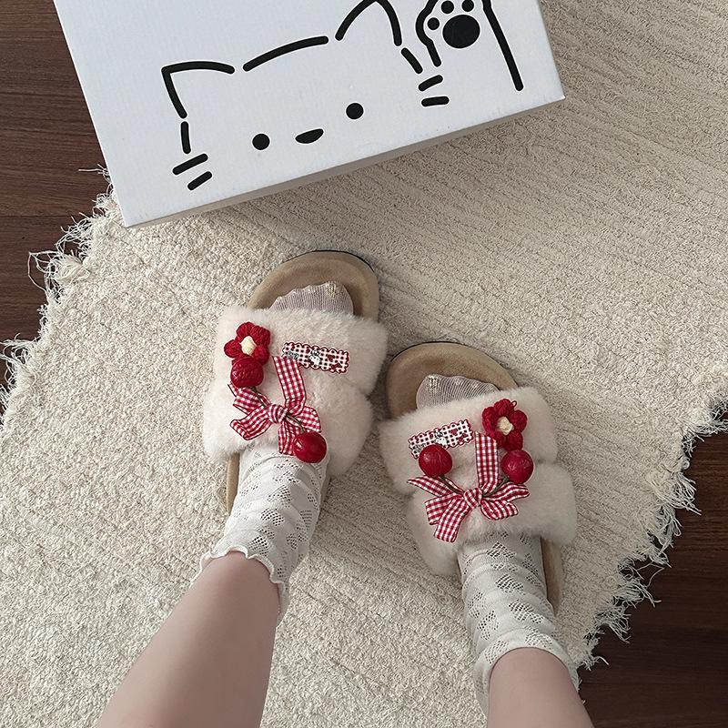 Bow Suede Small Safflower One-word Fluffy Slippers Women's Autumn and Winter Cute Cartoon Fashion Casual Thick-soled Slippers