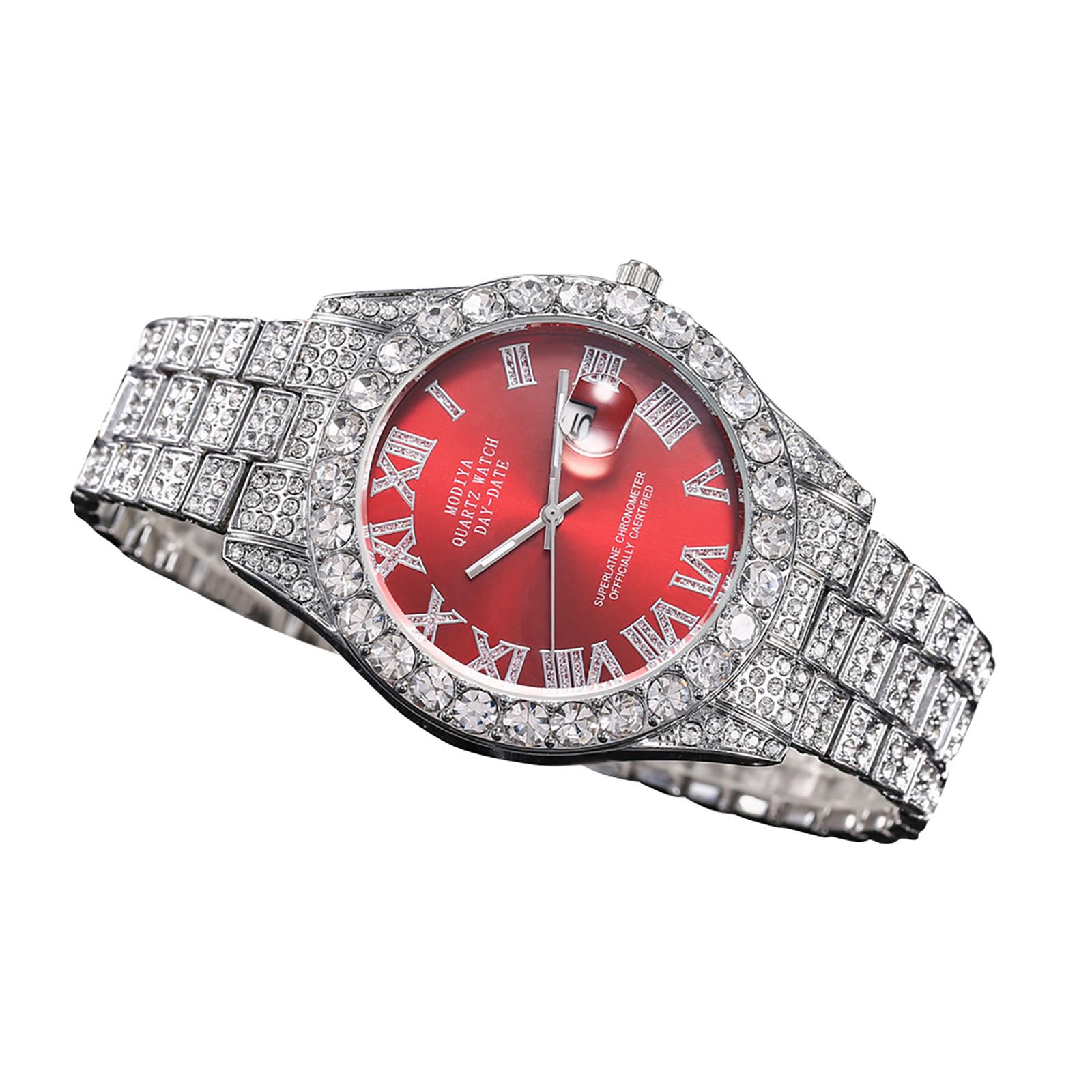 

Часы с календарем из водного бриллианта и бриллиантами, римская шкала, стальной ремешок из сплава, мужские часы One Size