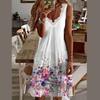 Women Summer Casual Sleeveless Lacework V Neck Printed Knee Length One Piece Dress