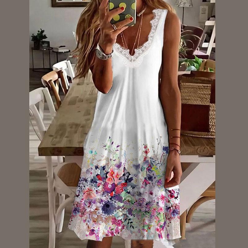 Women Summer Casual Sleeveless Lacework V Neck Printed Knee Length One Piece Dress