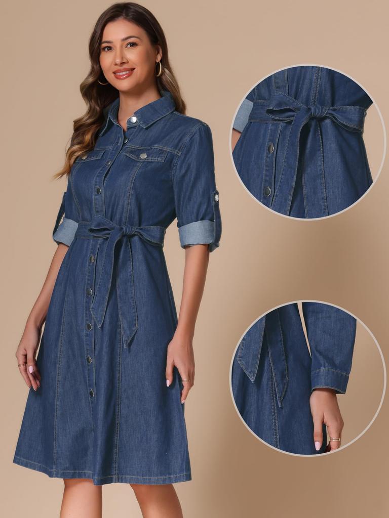 Allegra K Women's Classic Denim Jeans Shirt Dress, Button-Down, Long Sleeves, Belted, Dark Blue, Size XL