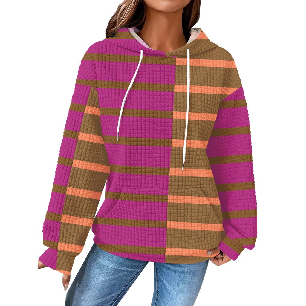 Women's Fashion Loose Hooded Pullover Long Sleeve Plaid Sweatshirt with Drawstring Drop Shoulder and Pocket Print Top