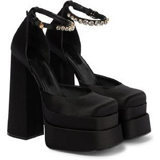 Sandales à plateforme en cuir satiné pour femmes, talons épais, design creux, bout fermé et brides diamant, grandes tailles