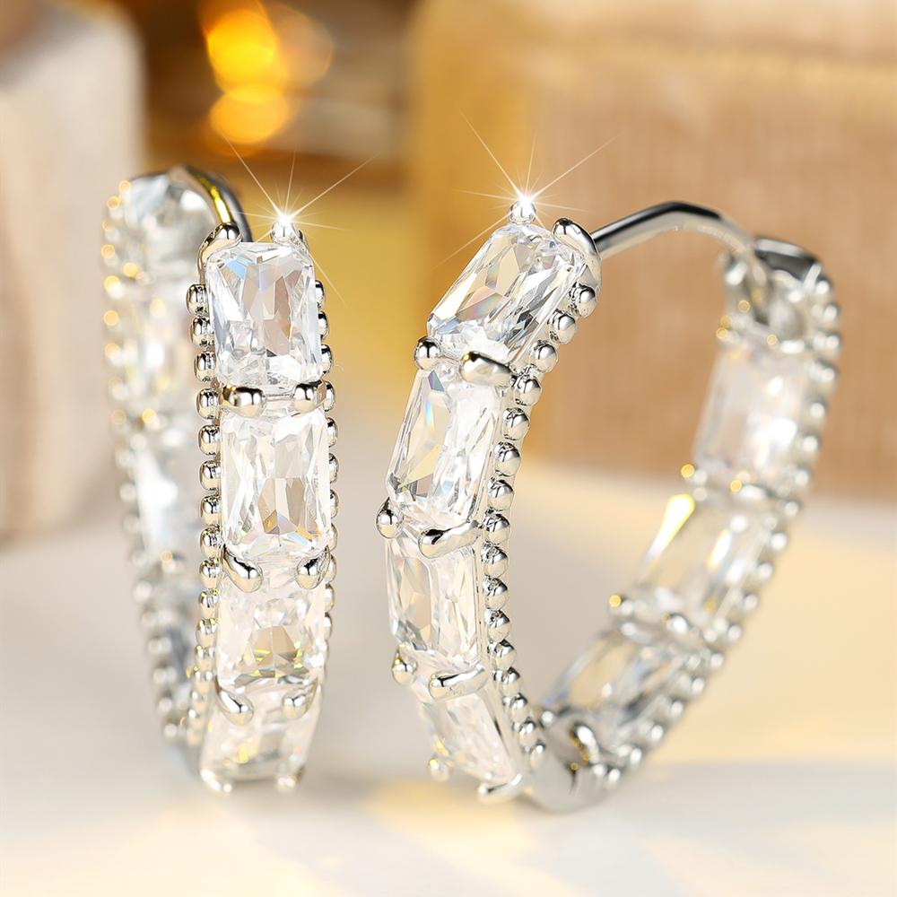Luxury Geometric Zirconia Hoop Earrings Female Fashion Wedding Party Jewelry Gorgeous Silver Color Accessories for Women