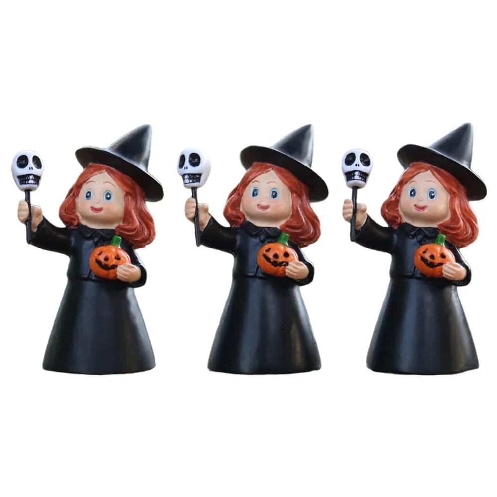 3Pcs Cute Halloween Witch Statue Creative Craft Halloween Witch Ornament Cartoon Funny Halloween Party Decoration Flowerpot