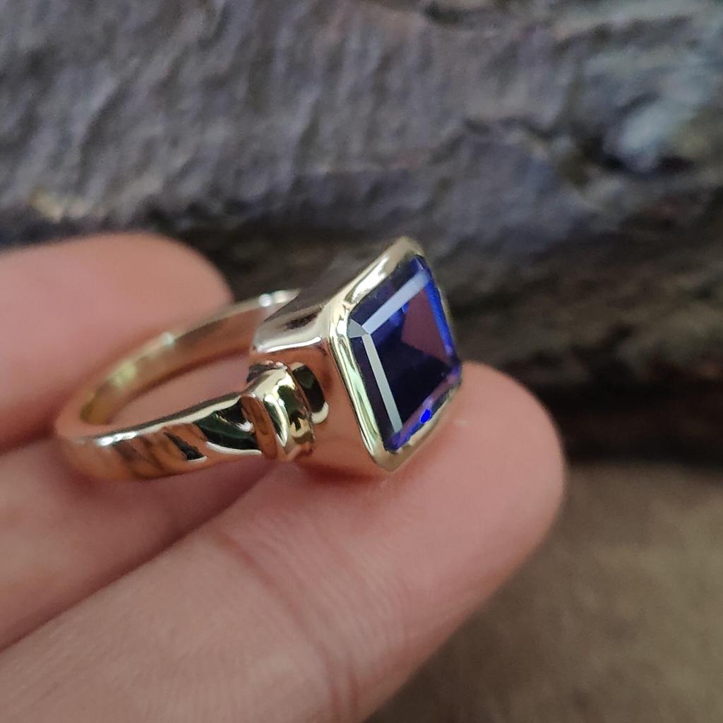 Cushion Cut Blue Tanzanite Quartz Sterling Silver Yellow Gold Fill Ring Jewelry